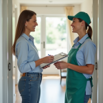 Choisir le meilleur service de nettoyage de maison : critères et astuces Femme souriante discutant avec un professionnel du nettoyage à l'entrée
