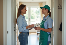 Femme souriante discutant avec un professionnel du nettoyage à l'entrée