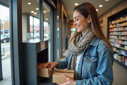 Femme souriante déposant un colis dans un point de dépôt en magasin
