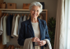Mode à 60 ans : Comment composer sa garde-robe idéale ? Femme élégante en tenue chic choisissant une écharpe dans une chambre lumineuse