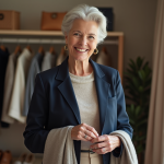 Mode à 60 ans : Comment composer sa garde-robe idéale ? Femme élégante en tenue chic choisissant une écharpe dans une chambre lumineuse