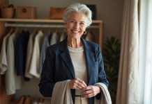 Mode à 60 ans : Comment composer sa garde-robe idéale ? Femme élégante en tenue chic choisissant une écharpe dans une chambre lumineuse