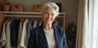 Mode à 60 ans : Comment composer sa garde-robe idéale ? Femme élégante en tenue chic choisissant une écharpe dans une chambre lumineuse