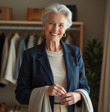 Femme élégante en tenue chic choisissant une écharpe dans une chambre lumineuse