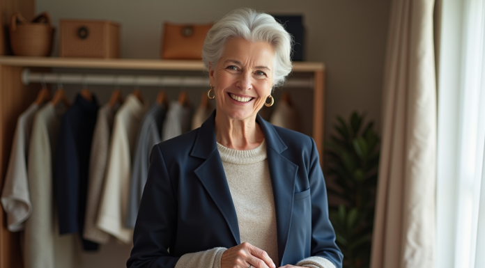 Mode à 60 ans : Comment composer sa garde-robe idéale ? Femme élégante en tenue chic choisissant une écharpe dans une chambre lumineuse