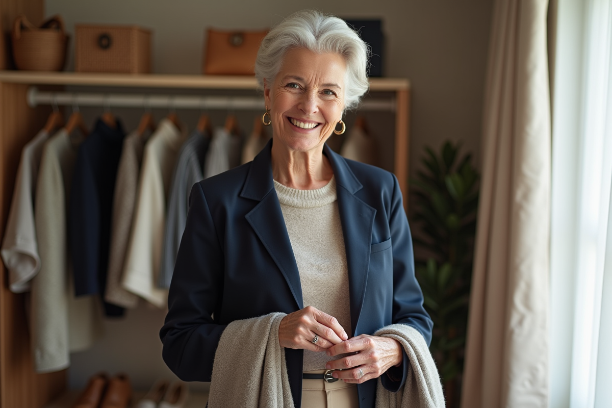 Femme élégante en tenue chic choisissant une écharpe dans une chambre lumineuse