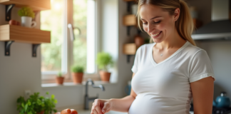 Femme enceinte souriante servant du chorizo dans la cuisine