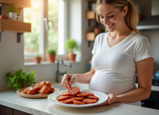 Femme enceinte souriante servant du chorizo dans la cuisine