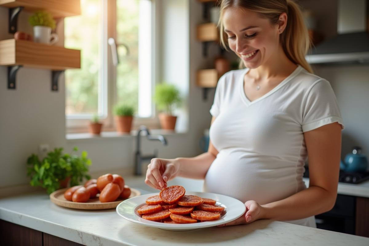 Femme enceinte souriante servant du chorizo dans la cuisine