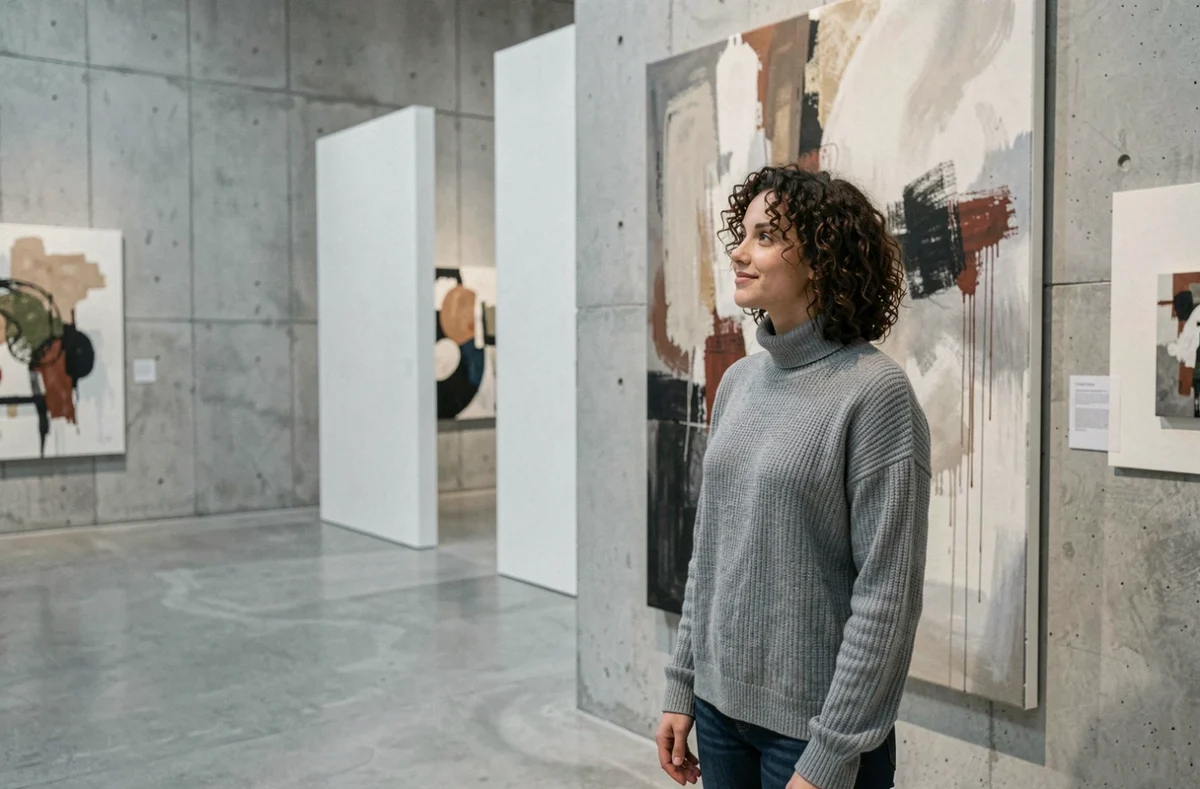 Jeune femme contemplant une peinture abstraite dans une galerie d'art contemporain, illustration de la philosophie de l'art