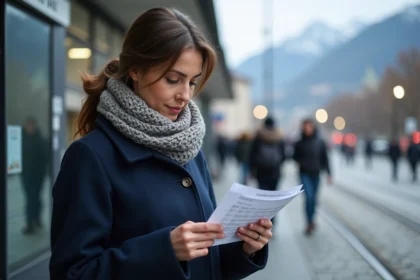 Femme consultant un horaire de tram Grenoble imprimé à un arrêt de tramway en ville