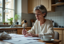 Femme inquiète à la cuisine examine des factures