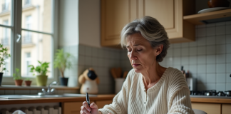 Femme inquiète à la cuisine examine des factures