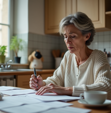 Femme inquiète à la cuisine examine des factures