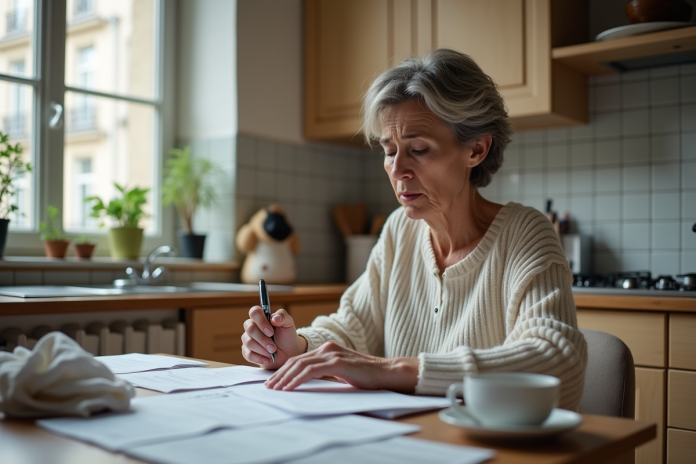 Femme inquiète à la cuisine examine des factures