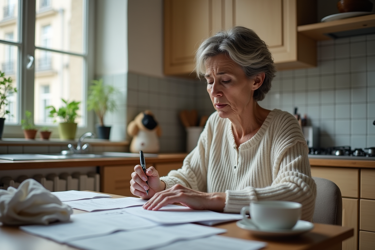 Femme inquiète à la cuisine examine des factures