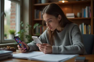 Femme concentrée jouant à un jeu de mots type 4 images 1 mot sur smartphone, puzzle de 9 lettres affiché à l'écran