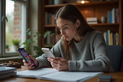 Femme concentrée jouant à un jeu de mots type 4 images 1 mot sur smartphone, puzzle de 9 lettres affiché à l'écran