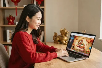 Jeune femme jouant au jeu Google Année du Serpent sur un ordinateur portable, avec des décorations du Nouvel An chinois en arrière-plan
