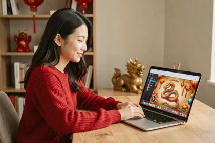 Jeune femme jouant au jeu Google Année du Serpent sur un ordinateur portable, avec des décorations du Nouvel An chinois en arrière-plan