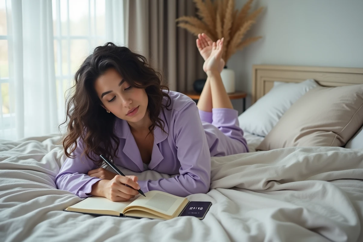 Femme célibataire couchée sur son lit en train d'écrire dans un journal avec son téléphone affichant 21h12