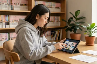 Jeune femme lisant des mangas sur une tablette via une plateforme numérique à son bureau en bois minimaliste