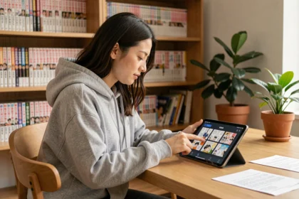 Jeune femme lisant des mangas sur une tablette via une plateforme numérique à son bureau en bois minimaliste