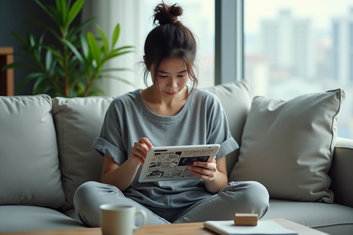 Femme lisant les premières reviews du scan One Piece 1127 sur une tablette dans un salon moderne et cosy