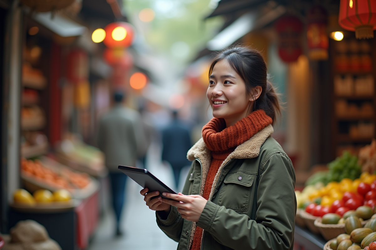 Jeune femme discutant dans un marché coloré
