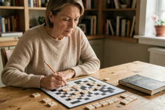 Femme concentrée résolvant des mots croisés avec des tuiles de Scrabble sur une table en bois