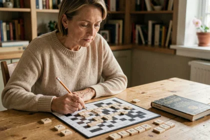 Femme concentrée résolvant des mots croisés avec des tuiles de Scrabble sur une table en bois