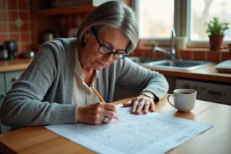 Femme concentrée résolvant des mots fléchés avec un crayon sur une table en bois, vue de dessus, ambiance cuisine chaleureuse