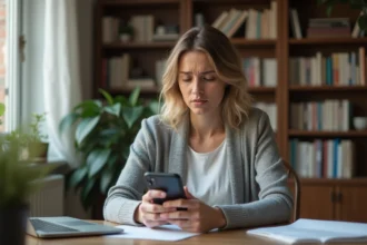 Femme consultant un numéro de téléphone inconnu sur son smartphone à son bureau à domicile