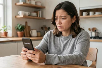 Femme consultant un numéro de téléphone inconnu sur son smartphone à la maison