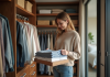 Garde-robe : comment bien organiser son dressing pour gagner de la place et du temps Femme organisant ses vêtements dans un dressing moderne