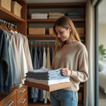 Garde-robe : comment bien organiser son dressing pour gagner de la place et du temps Femme organisant ses vêtements dans un dressing moderne
