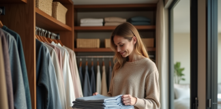 Femme organisant ses vêtements dans un dressing moderne