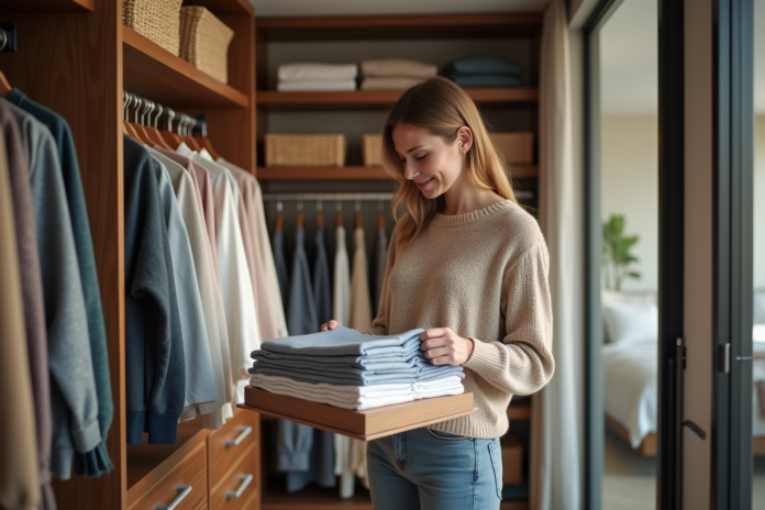 Femme organisant ses vêtements dans un dressing moderne