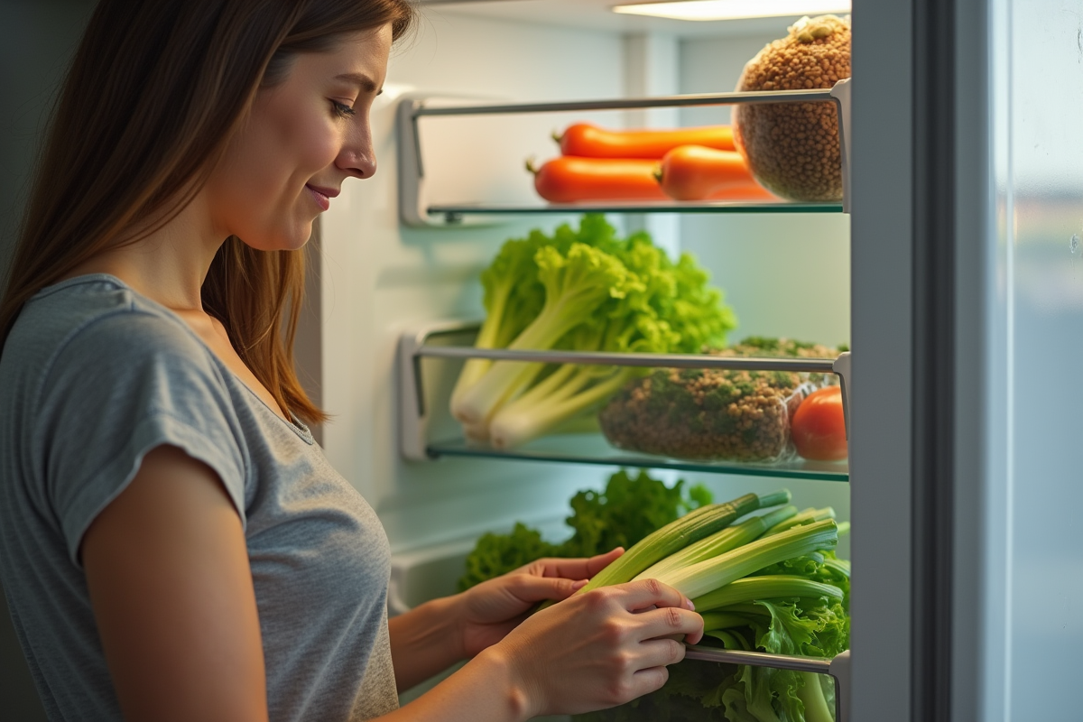 Femme ouvrant son réfrigérateur rempli de légumes frais