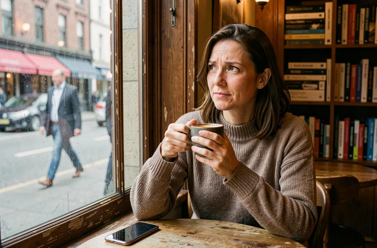 Femme pensive dans un café regardant par la fenêtre avec une expression ambivalente, réfléchissant aux limites de l'humour noir