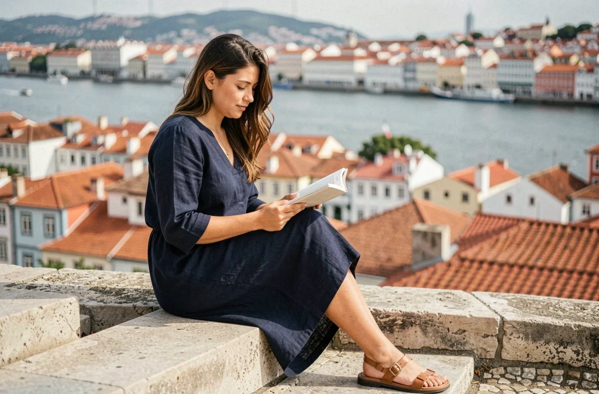 Jeune femme portugaise lisant sur les marches d'un miradouro à Lisbonne avec vue sur la ville