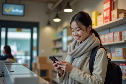 Femme vérifiant son smartphone près d'un point de retrait