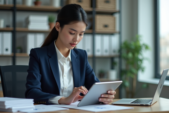 Jeune femme en blazer bleu examinant une tablette dans un bureau moderne