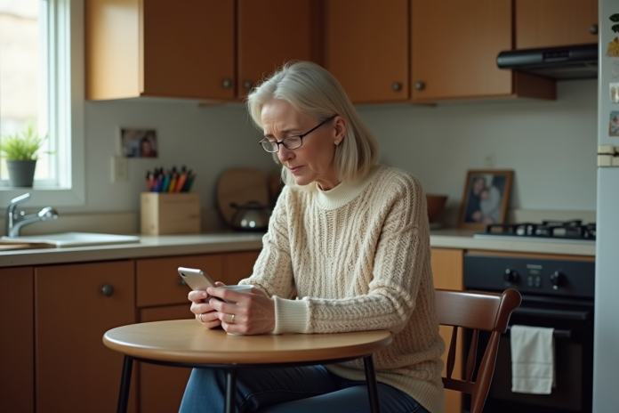 Femme d'âge moyen pensant dans sa cuisine chaleureuse