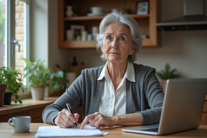 Femme retraitée examine documents de pension à la maison