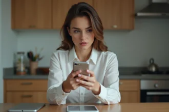 Femme examinant son smartphone dans une cuisine moderne