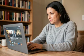 Femme consultant un site de streaming de films sur un ordinateur portable depuis un bureau à domicile