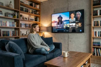 Jeune femme regardant un service de streaming de films et séries sur sa télévision dans un salon moderne et cosy