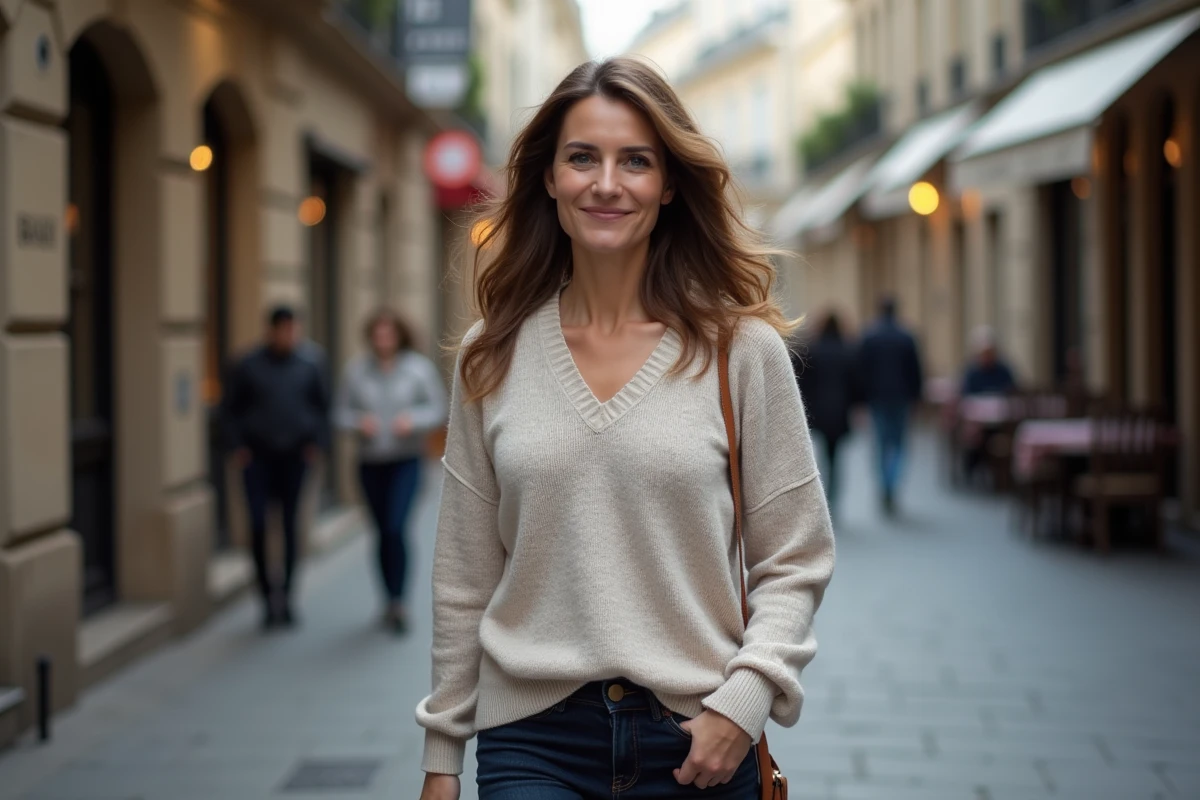 Femme marchant dans une rue parisienne animée