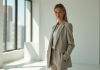 Femme confiante en blazer dans un studio lumineux